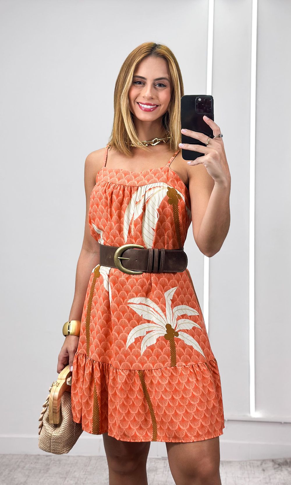 Vestido Viscolinho Reto Estampado - Laranja/Bege