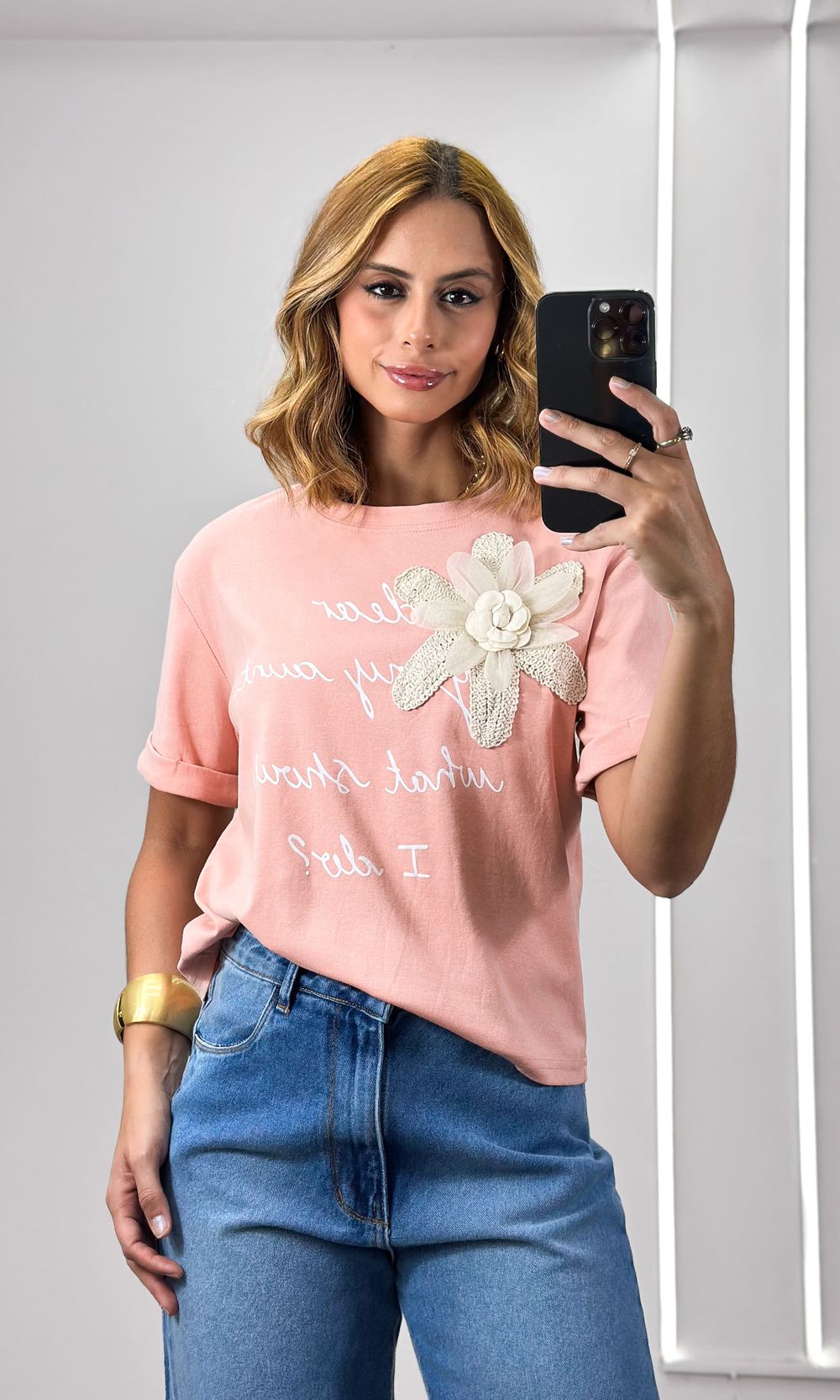 Blusa Malha Flor Crochê e Escrita - Rosa Blush - Jack Modas, Moda Feminina e Acessórios 