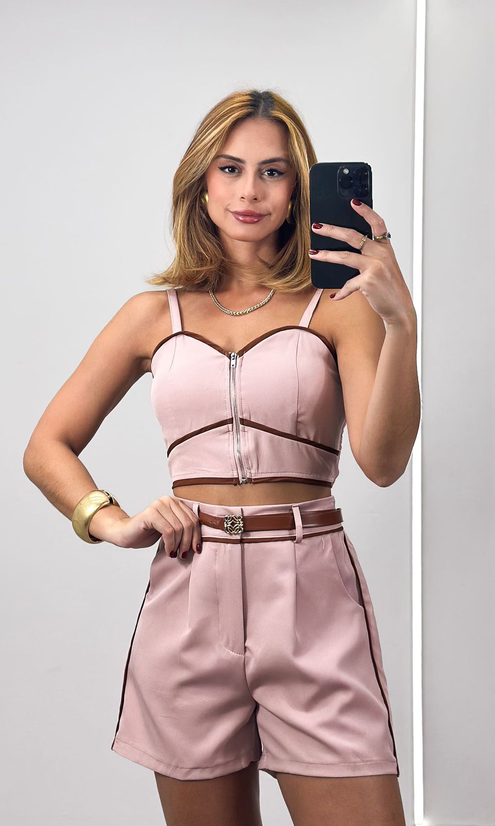 Conjunto Bicolor Cropped e Short - Rosa Chá/Marrom - Jack Modas, Moda Feminina e Acessórios 