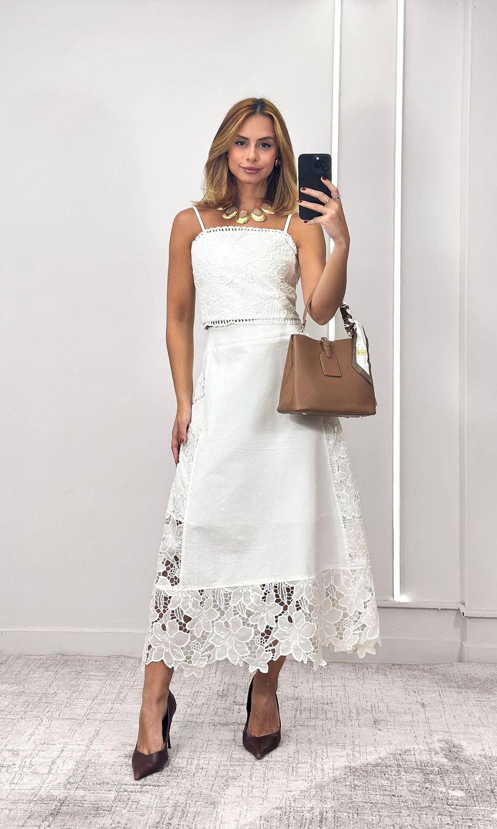 Conjunto Cropped e Saia Guipir Flores - Branco - Jack Modas, Moda Feminina e Acessórios 