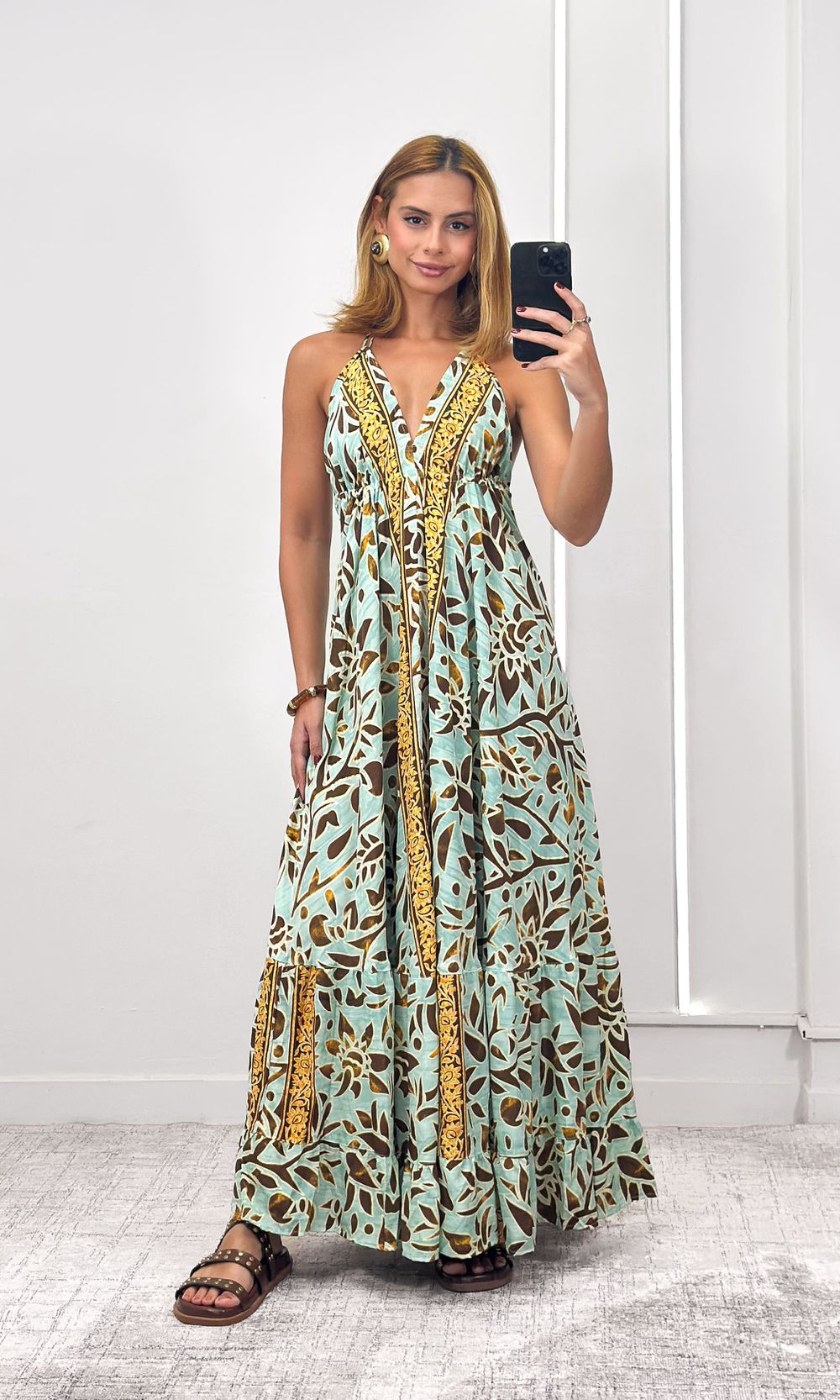 Vestido Indiano Cavado - Azul Água/Marrom - Jack Modas, Moda Feminina e Acessórios 