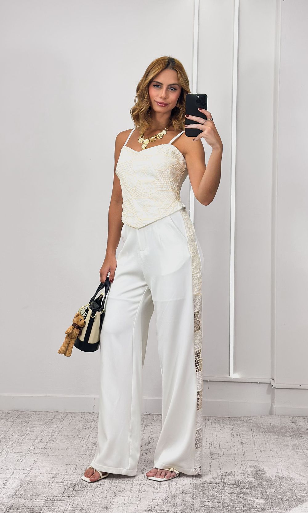 Conjunto Blusa e Calça Guipir Lateral - Branco