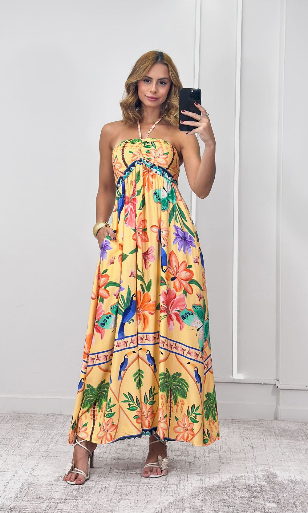 Vestido Decote Franzido Estampado - Laranja/Verde/... - Jack Modas, Moda Feminina e Acessórios 