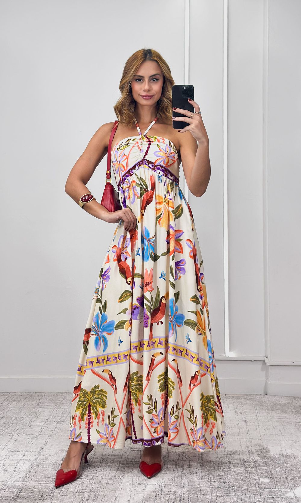 Vestido Decote Franzido Estampado - Off/Lilás/Laranja