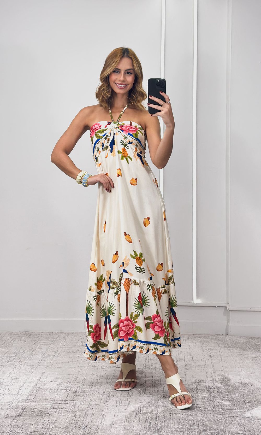 Vestido Frente Única Franzida Estampa - Off/Verde/Rosa