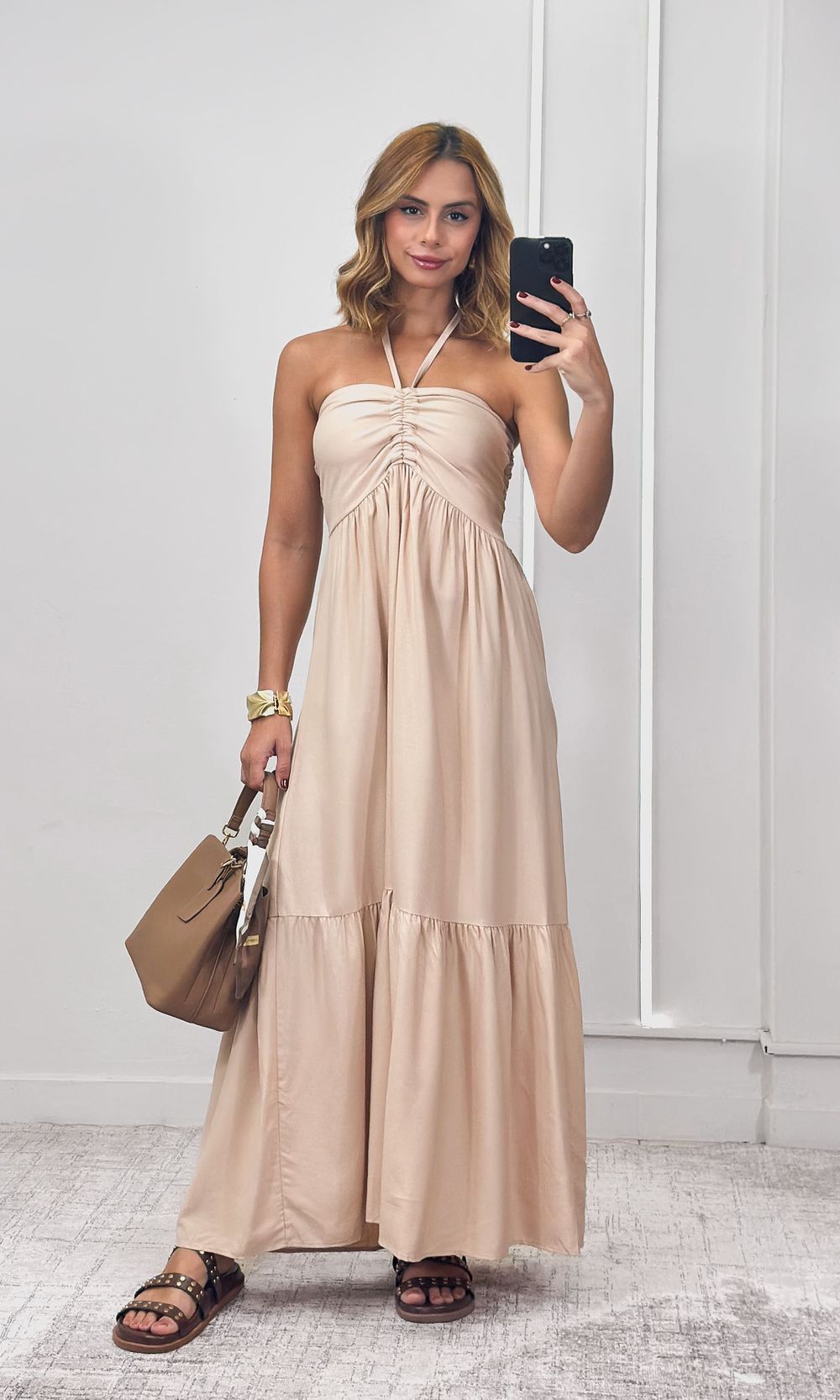 Vestido Frente Única Franzida - Bege