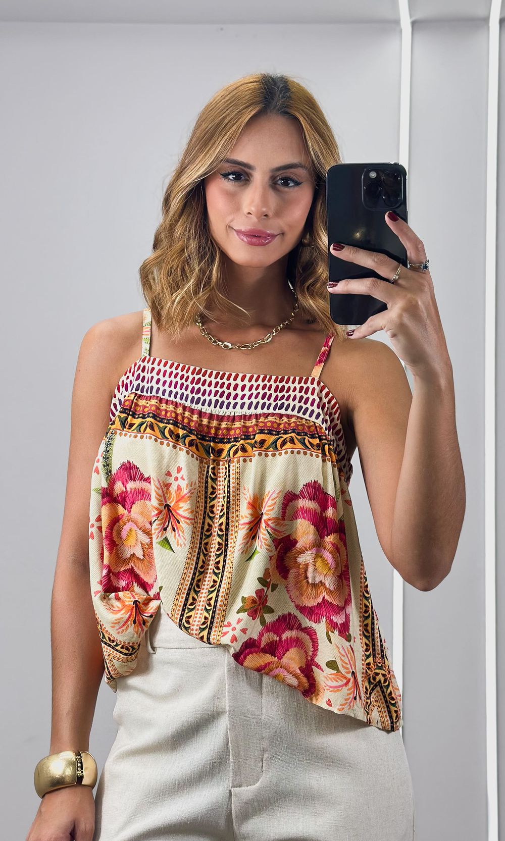 Blusa Alça Fina Estampada - Verde Claro/Rosa/Laran... - Jack Modas, Moda Feminina e Acessórios 