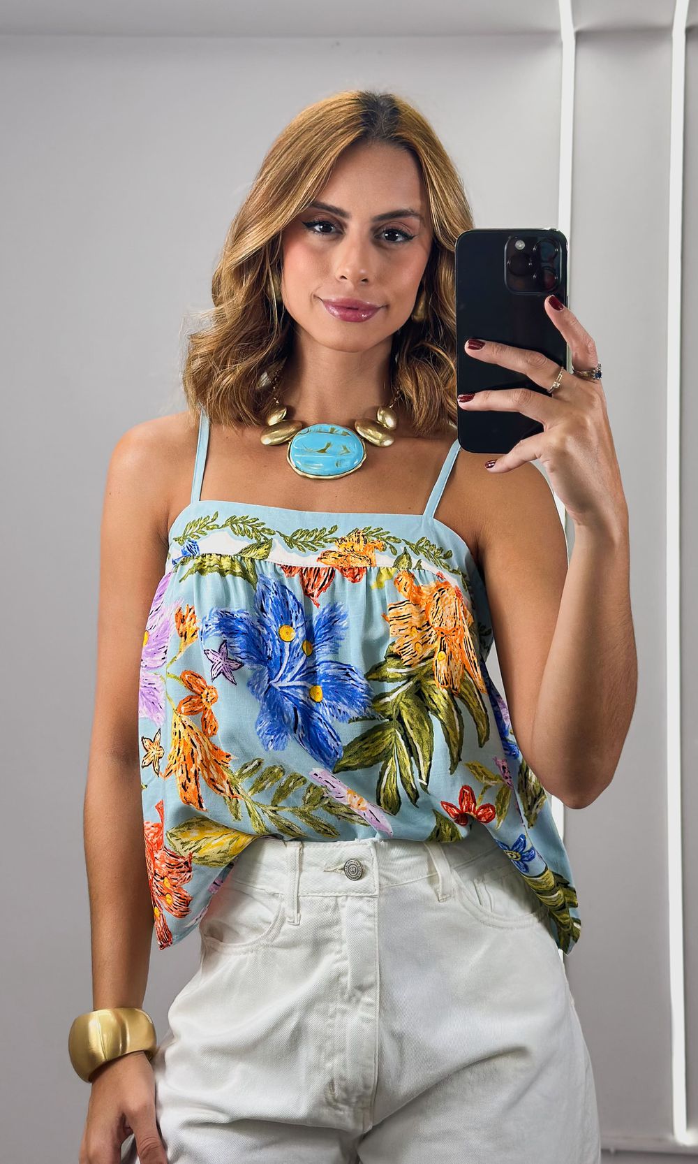 Blusa Alça Fina Estampada - Azul Claro/Laranja/Lil... - Jack Modas, Moda Feminina e Acessórios 