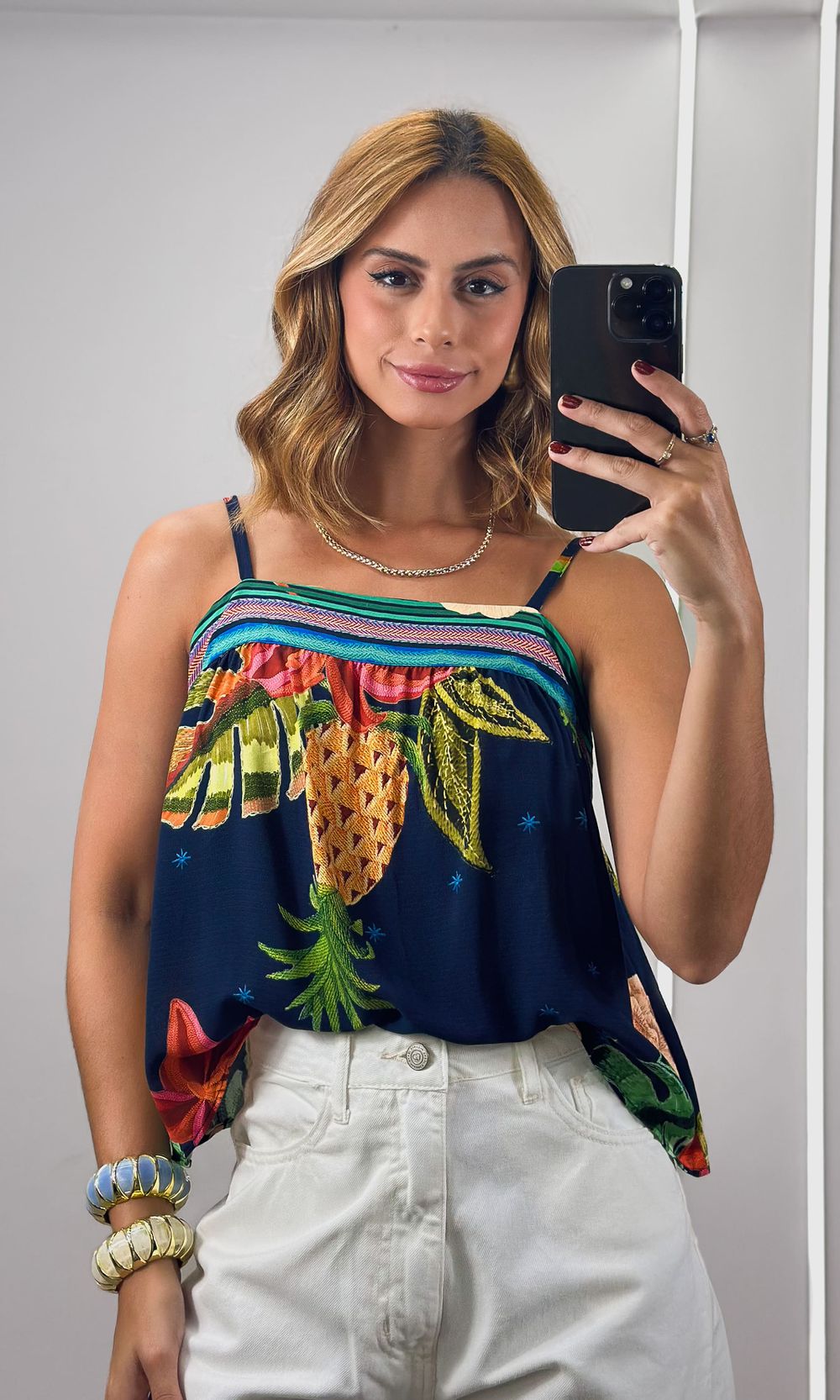 Blusa Alça Fina Estampada - Azul Marinho/Laranja/A... - Jack Modas, Moda Feminina e Acessórios 