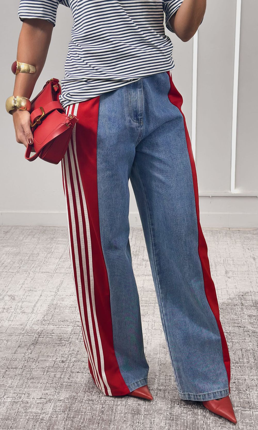 Calça Jeans Wide Leg Track - Azul/Vermelho/Branco