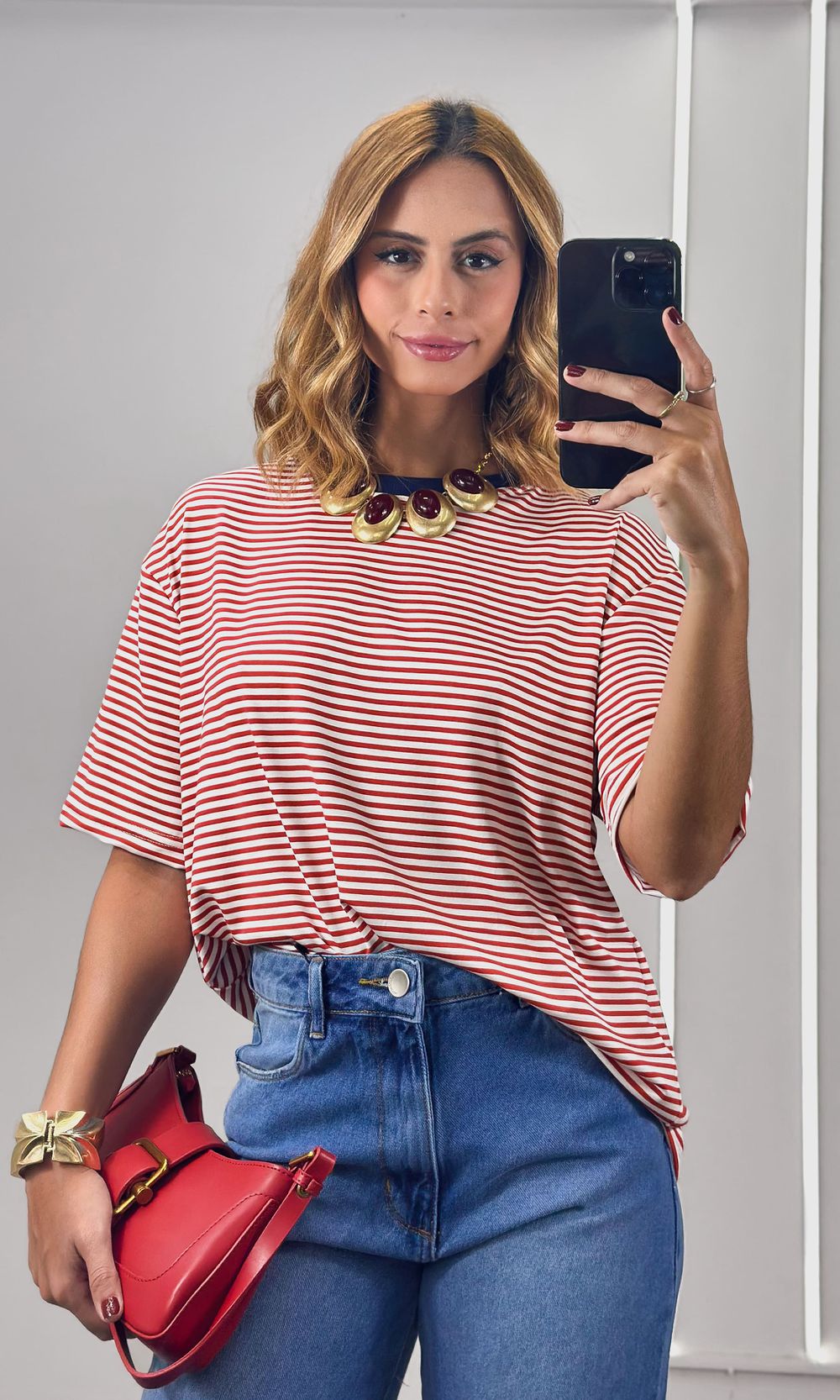 Camiseta Listra Fina Gola Azul Marinho - Vermelho/... - Jack Modas, Moda Feminina e Acessórios 