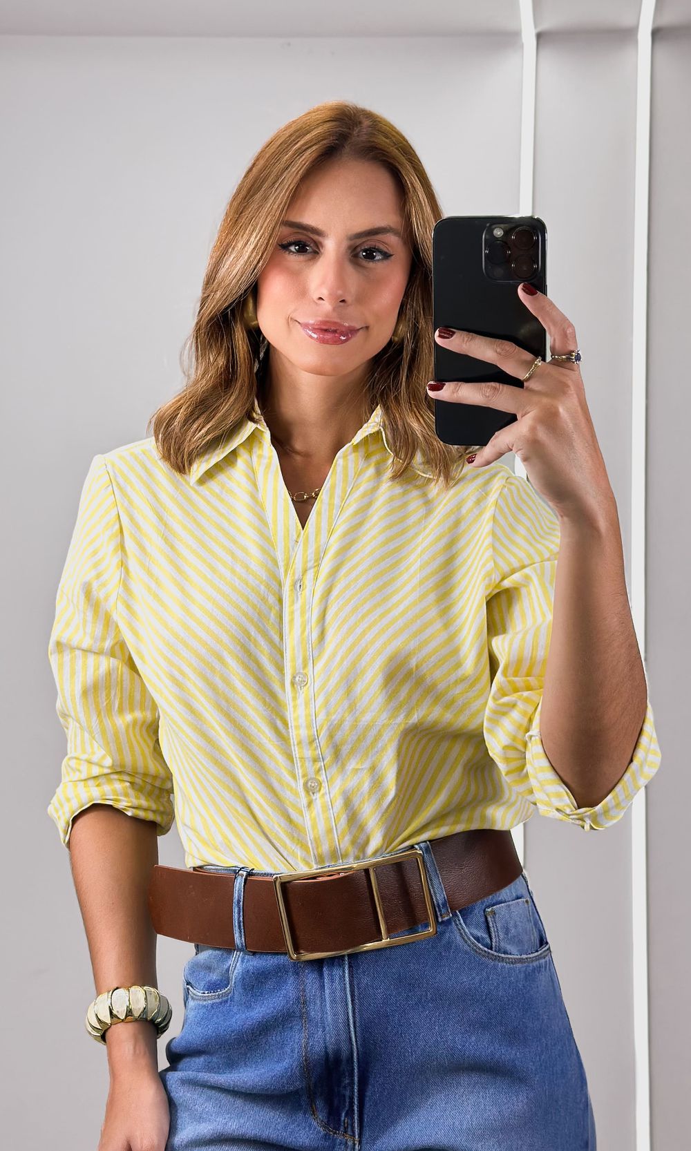 Camisa Listrada com Gola - Amarelo Candy/Branco - Jack Modas, Moda Feminina e Acessórios 