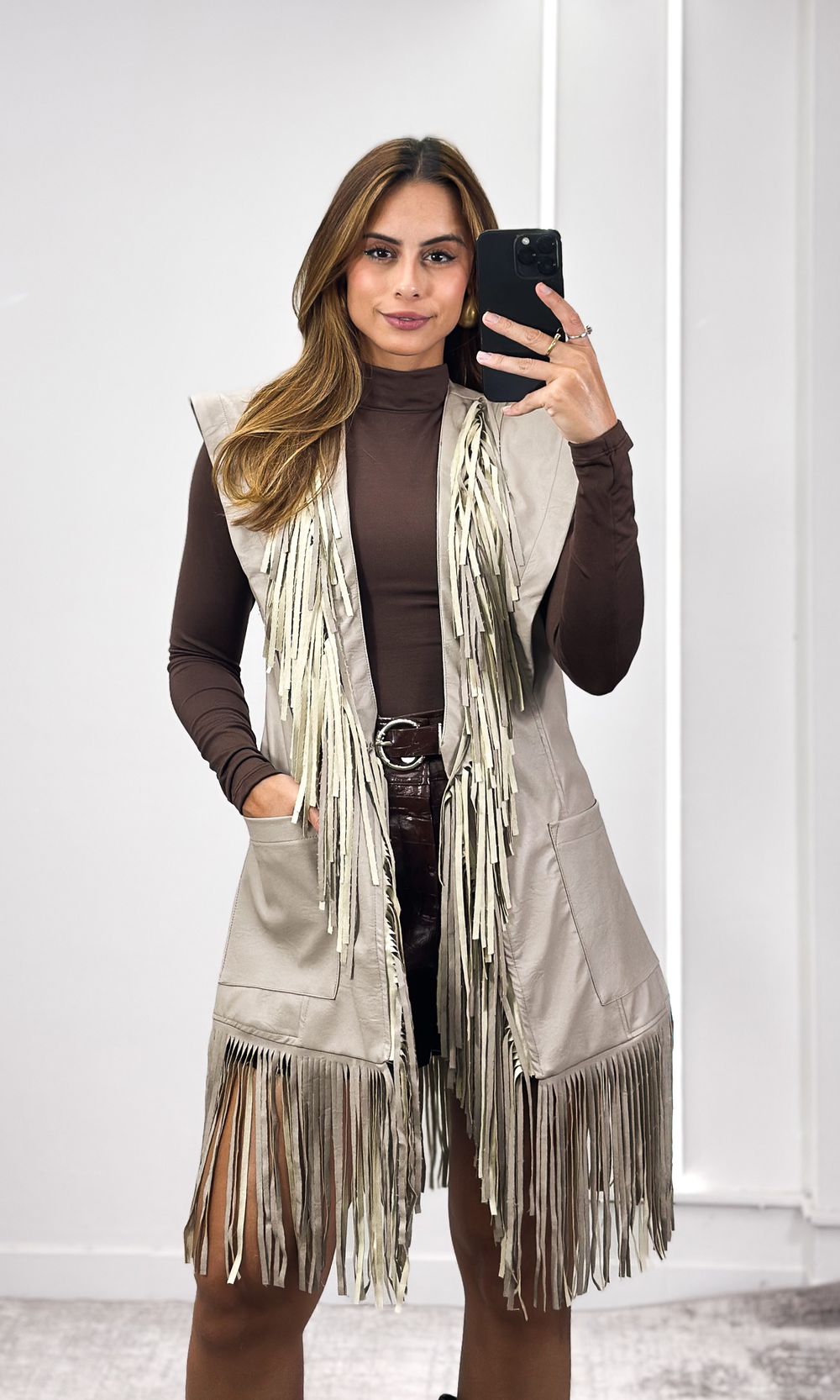 Colete Alongado com Franjas - Cinza - Jack Modas, Moda Feminina e Acessórios 