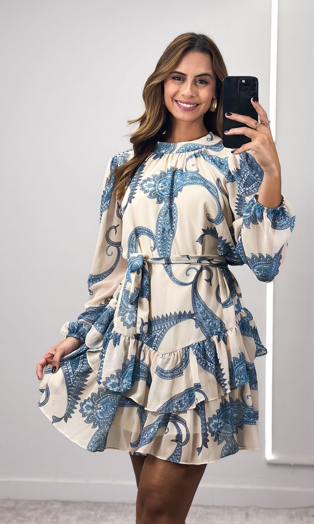 Vestido Barra Camadas Paisley - Bege/Azul - Jack Modas, Moda Feminina e Acessórios 