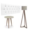 Conjunto Cabeceira Painel Estofada Capitonê 140 cm Corino Branco Paris e Mesa Lateral Patrimar Legs Alta Off White com Luminária de chão Tebarrot Classic Amêndoa