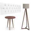 Conjunto Cabeceira Painel Estofada Capitonê 140 cm Corino Branco Paris e Mesa de Apoio Legs Terracota com Luminaria de chão Tebarrot Classic Amendoa