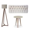 Conjunto Cabeceira Estofada Capitonê 140 cm Suede Areia e Mesa Lateral Patrimar Legs Alta Off White com Luminária de chão Tebarrot Classic Amêndoa