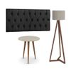 Conjunto Cabeceira Painel Estofada Capitonê 160cm Queen Corino Preto Paris e Mesa Lateral Patrimar Legs Alta Off White com Luminária de chão Tebarrot Classic Amêndoa