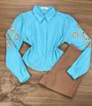 Camisa Manga Bordada Azul