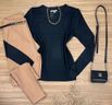 Blusa Tricô Sueter Preto Gola V 