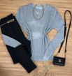 Blusa Tricô Sueter Cinza Gola V