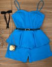 Conjunto Alfaiataria Blusa Peplum e Short Azul com Cinto 