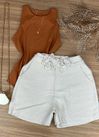 Short Alfaiataria Com Cinto de Flor Bege