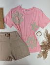 Tshirt Bordada Flor Crochê Rosa