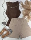 Blusa Canelada Regata Colar Strass Marrom