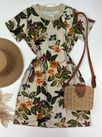 Vestido Estampa Inspiração Com Manga Bege