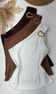 Blusa Canelada Nula manga com Detalhe Fivela Off White