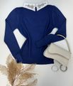 Blusa Tricô Gola Bordada Azul Marinho
