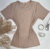 Blusa Canelada Gola Bordada Com Pedraria