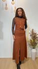 Conjunto Saia Mídi e Cropped Regata Marrom 