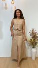 Conjunto Saia Mídi e Cropped Regata Bege 
