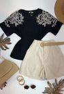 Blusa Manga Bordada Em Strass Preta