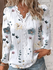 Camisa com decote em v manga comprida estampado floral feminino, top oco, casual, elegante, plus size, NEVE-BRANCO