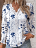 Camisa com decote em v manga comprida estampado floral feminino, top oco, casual, elegante, plus size, Azul marinho