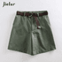Shorts femininos Verde exército com faixas de cintura alta, shorts casuais de linha A, shorts slim fit 