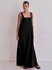 Vestido longo listrado feminino com decote quadrada Preto