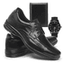 SAPATO MASCULINO CONFORT COURO LEGÍTIMO + RELÓGIO + CARTEIRA - PRETO