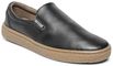 Sapato Slip-On preto, solado borracha ambar e palmilha anatômica.