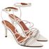 8949 Sandália Salto Médio Bico Folha Napa Off White Tira Strass