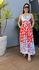 Vestido Midi Linho Estampa Rosto de Onça Azul com vermelho
