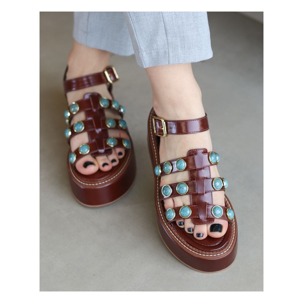 SANDÁLIA FLATFORM LARA COURO MARROM E TURQUESA - ETC. shoes