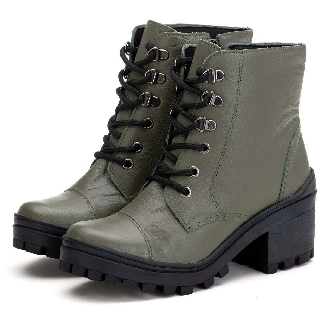 Bota Coturno Feminino Couro Legitimo Verde Oliva - REF: 6738 