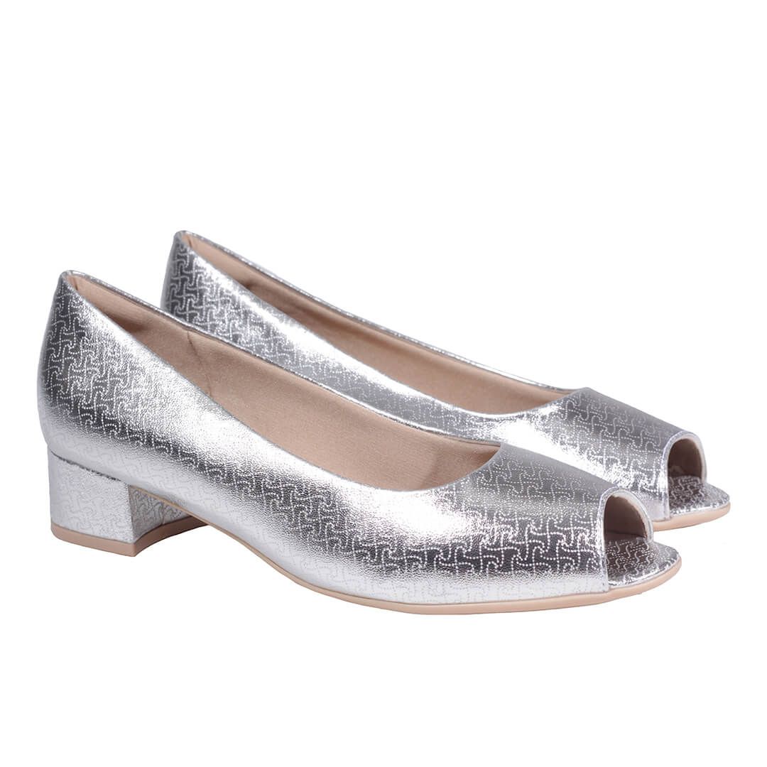 Sapato peep cheap toe prata