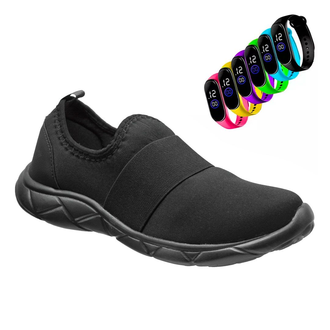 Slip On Ultra Leve Amaranto - Preto / Sola Preta + Relógio Digital Grátis