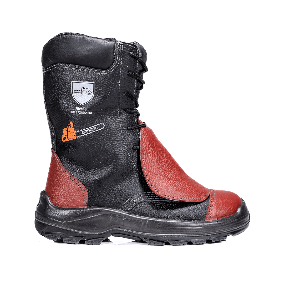 BMSB COTURNO CADARÇO COURO RELAX PRETA COM VERMELHO AÇO MOTOSSERRISTA