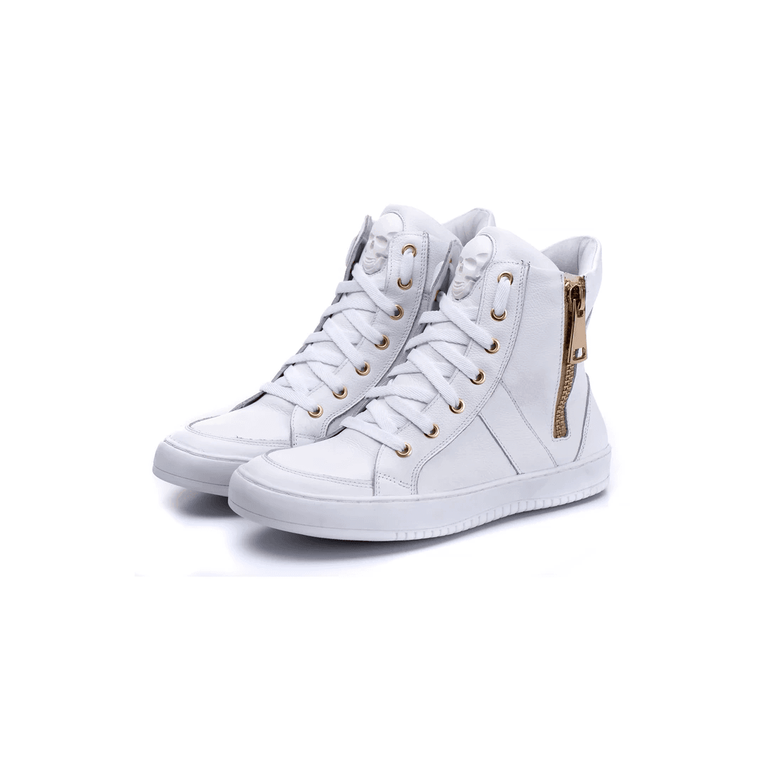 Tenis Sneaker Bawmi Cano Alto Feminino Branco com Ziper Dourado